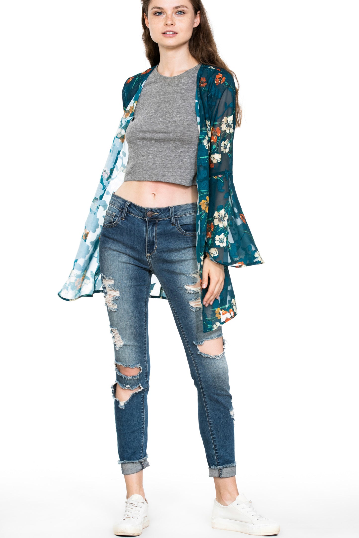 Long Sleeve Floral Burnout Kimono