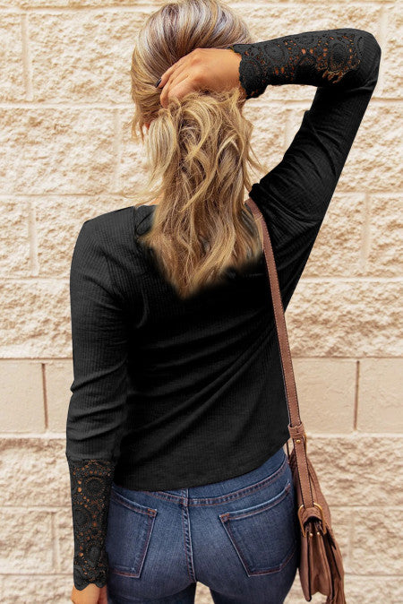 Black Crochet Sleeve Hem Top